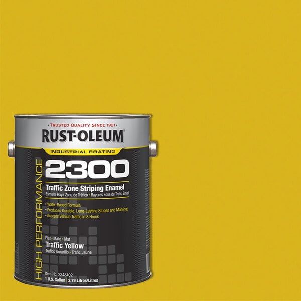 A one-gallon can of Rust-Oleum 2300 Traffic Zone Striping Enamel in traffic yellow.