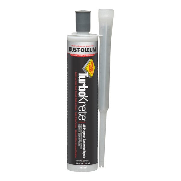 A tube of Rust-Oleum TurboKrete all-purpose concrete repair epoxy with an applicator nozzle.