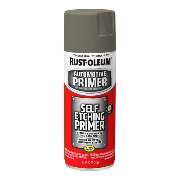 A 12-ounce can of Rust-Oleum automotive self-etching primer spray in dark green.