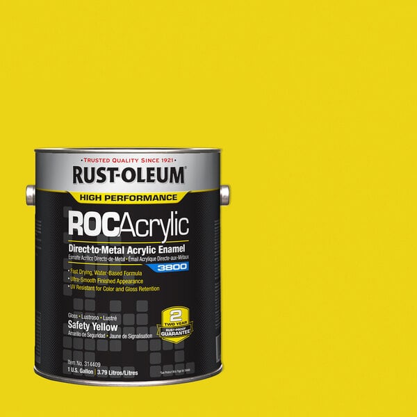 A one-gallon can of Rust-Oleum ROC Acrylic Direct-to-Metal Acrylic Enamel paint in Safety Yellow.
