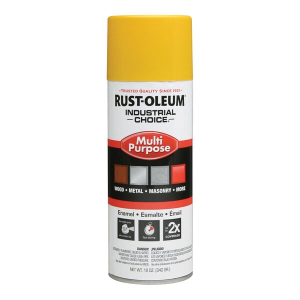 A can of Rust-Oleum Industrial Choice Multi-Purpose spray paint in safety yellow, 12 ounces.