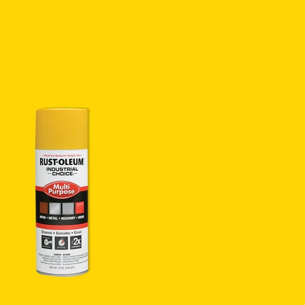 A can of Rust-Oleum Industrial Choice Multi-Purpose spray paint in safety yellow.