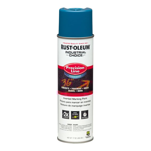 A can of Rust-Oleum Industrial Choice M1800 17 oz. Caution Blue Water-Based Precision Line Marking Paint.