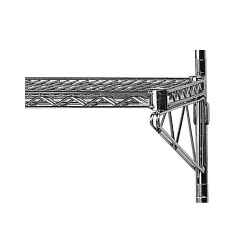 An Advance Tabco metal shelf with an end-mounted metal bracket.