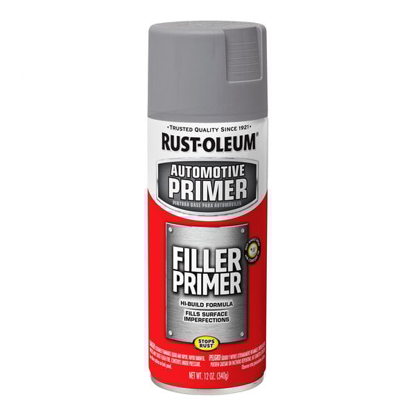 A can of Rust-Oleum automotive filler primer spray paint in gray.