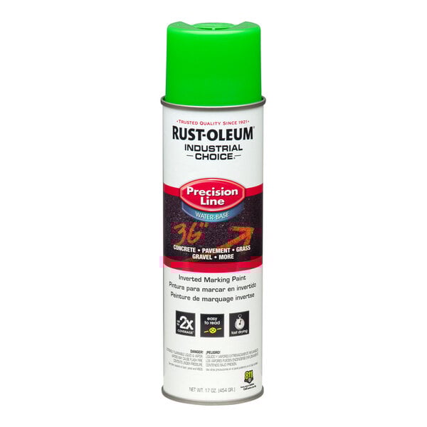 A can of Rust-Oleum Industrial Choice M1800 17 oz. fluorescent green water-based precision line marking paint.