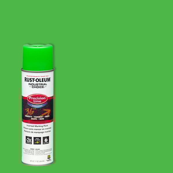 A can of Rust-Oleum Industrial Choice M1800 17 oz. Fluorescent Green Water-Based Precision Line Marking Paint.