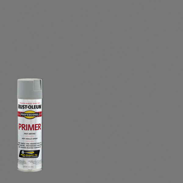 A can of Rust-Oleum Professional Primer flat gray spray paint.
