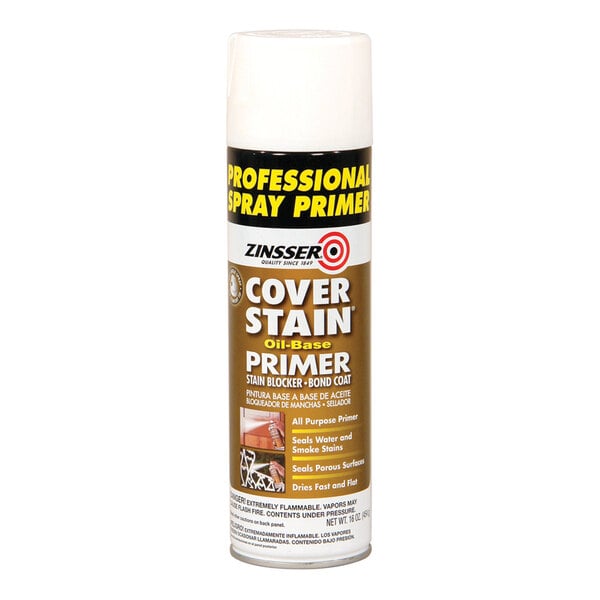 A can of Zinsser Cover Stain oil-base primer spray paint in white, 16 ounces.