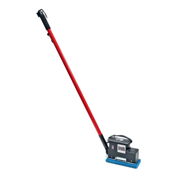 A cordless orbital floor scrubber with a long red handle and a rectangular cleaning pad.