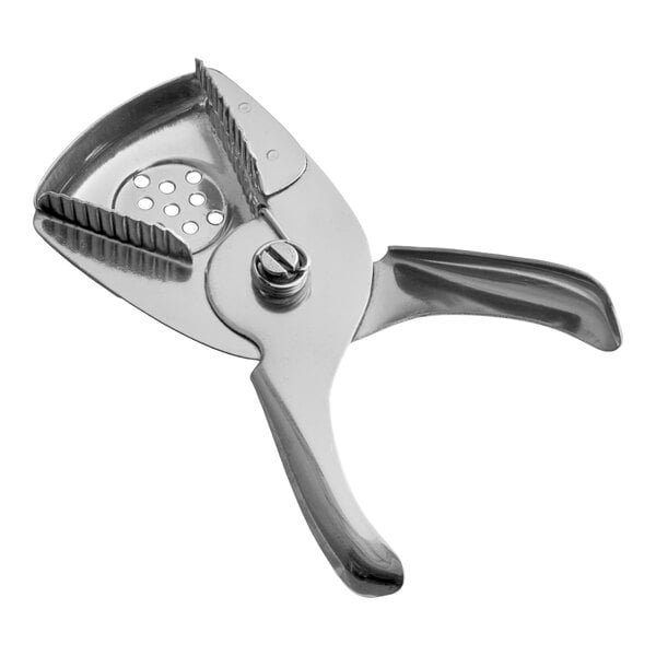 A stainless steel hand squeezer with a built-in strainer.