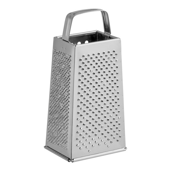 A four-sided stainless steel box grater with a handle on top.