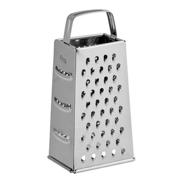 A stainless steel four-sided box grater with a handle.