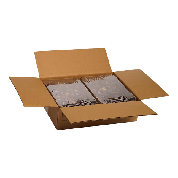 A cardboard box containing 24 chocolate iced donut rings, each individually wrapped in plastic.