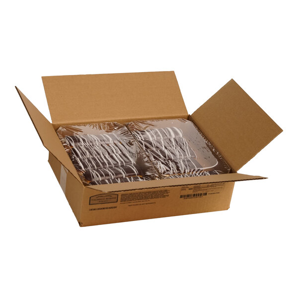 A box of chocolate iced buttercreme-filled long john donuts, packaged in plastic and placed inside a cardboard case.