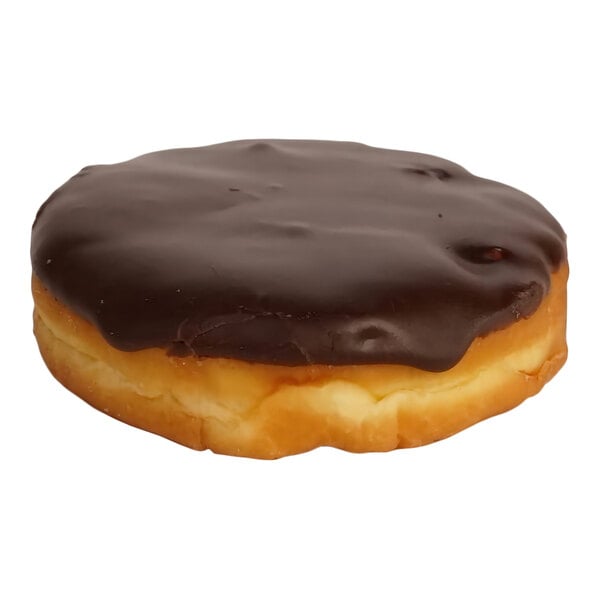 A round donut topped with chocolate icing, known as a Boston creme donut.