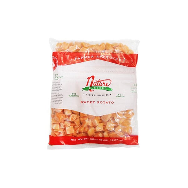 A 2-pound resealable bag of Nature Blessed IQF diced sweet potato.