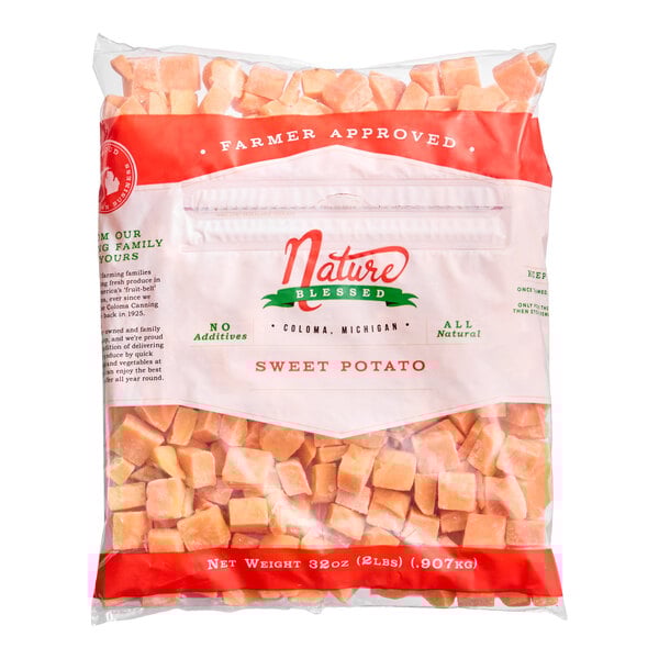 A 2-pound resealable bag of Nature Blessed IQF diced sweet potato.