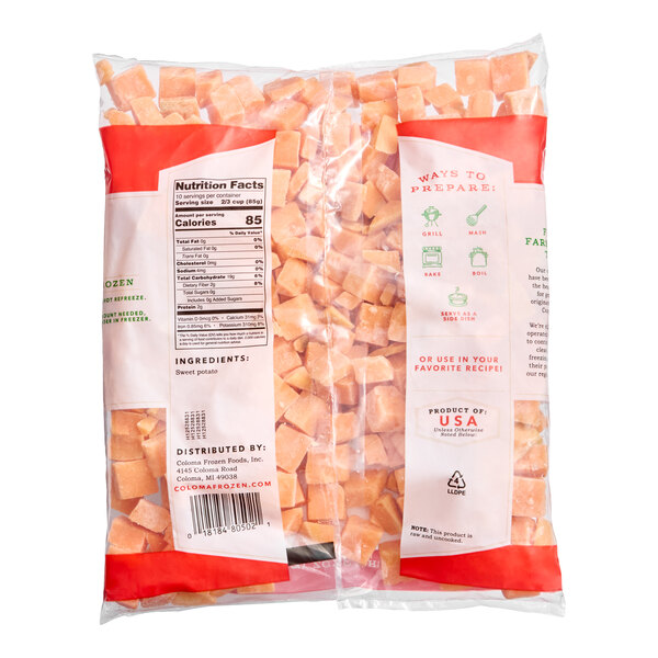 A resealable bag of IQF diced sweet potatoes.