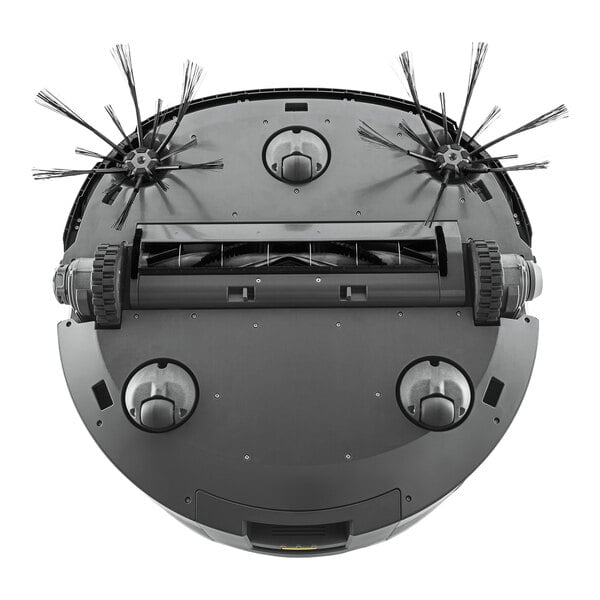 A cordless robotic vacuum cleaner with side brushes and wheels, viewed from the underside.