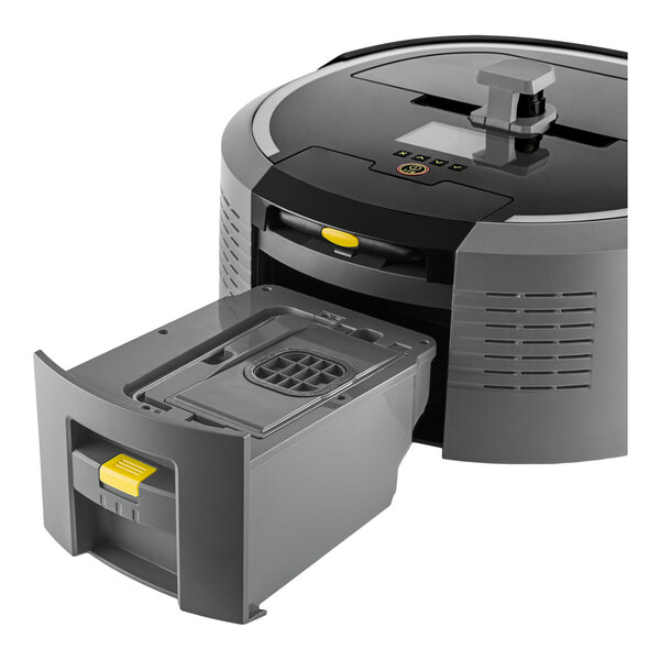 A cordless robotic vacuum cleaner with a removable dustbin, shown partially open.