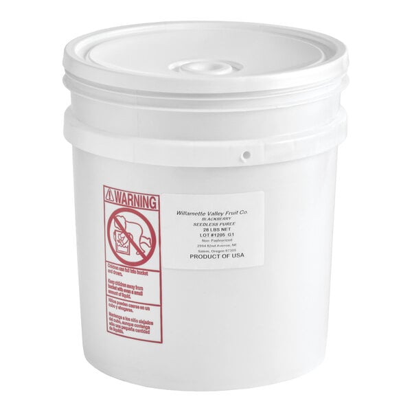 A large white plastic pail containing 28 pounds of Willamette Valley blackberry fruit puree.