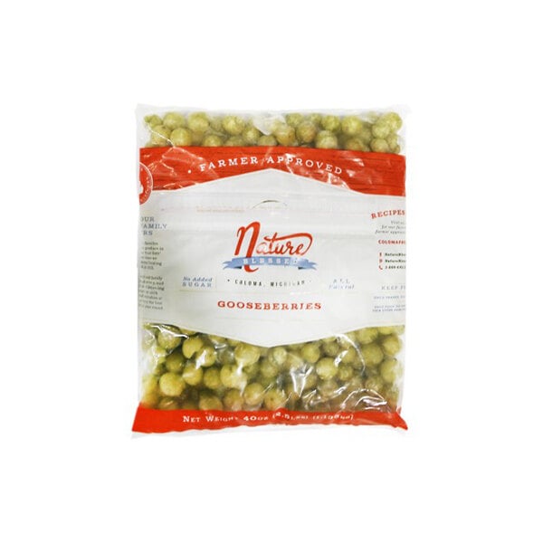 A resealable bag of Nature Blessed IQF gooseberries weighing 2.5 pounds.