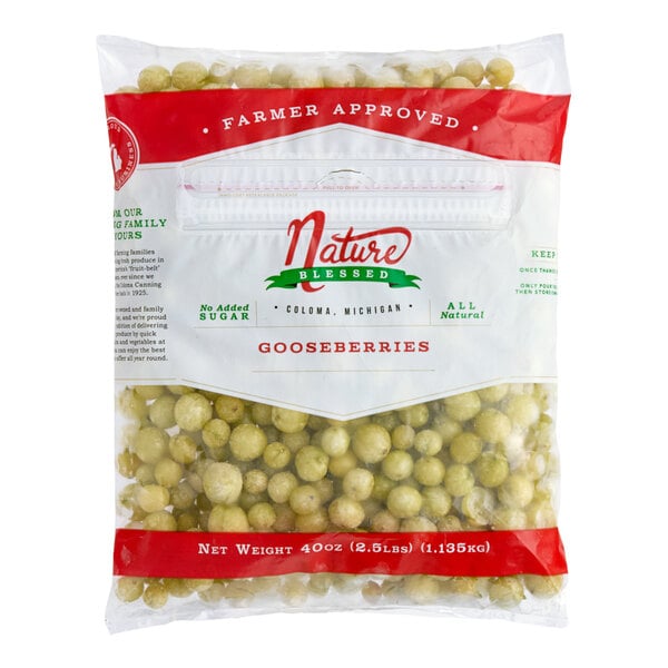 A resealable 2.5 lb. bag of Nature Blessed IQF gooseberries.