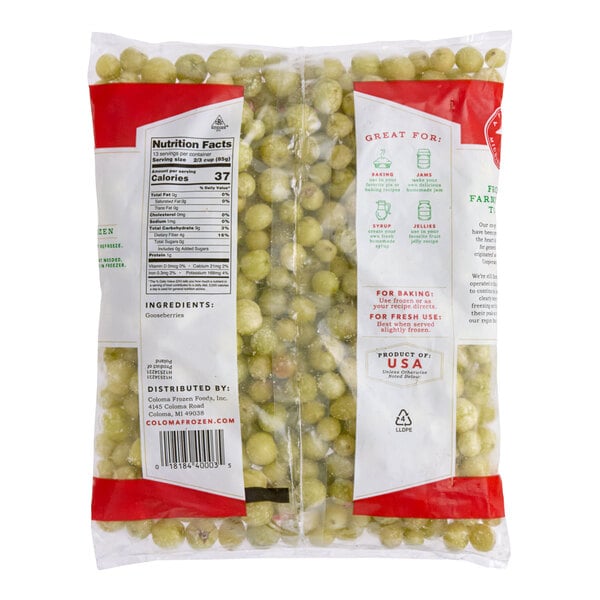 A resealable bag of frozen gooseberries weighing 2.5 pounds.