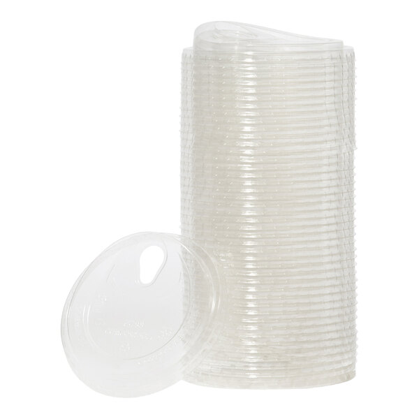 A stack of clear plant-based plastic sip lids designed for 98 mm cold cups.