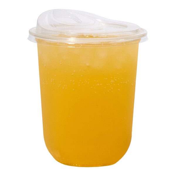 A clear plastic sip lid designed for 98 mm cold cups, shown on a cup filled with a yellow beverage.