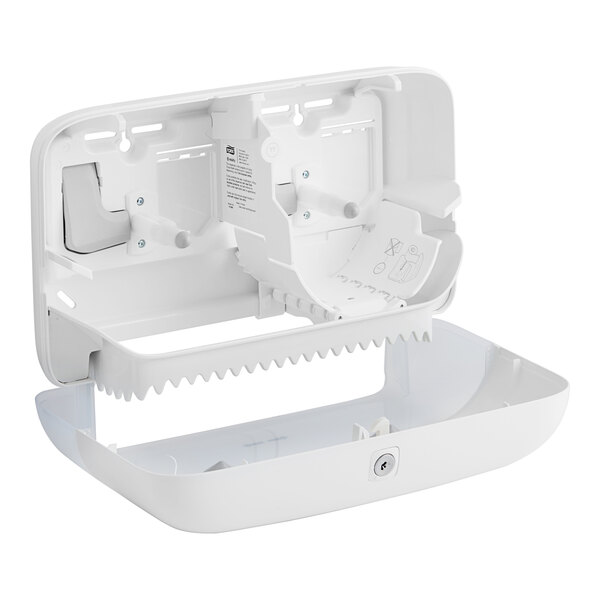 A white Tork Elevation OptiServe coreless high-capacity double roll toilet tissue dispenser with an open front showing the internal mechanism.