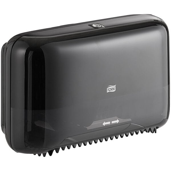 A black Tork Elevation OptiServe coreless high-capacity double roll toilet tissue dispenser.