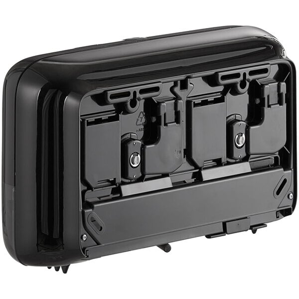 A black double roll toilet tissue dispenser designed for high-capacity coreless rolls.