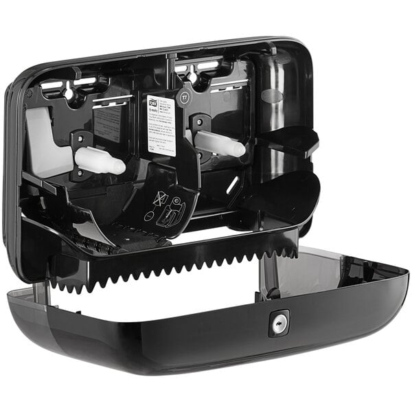 A black double roll toilet tissue dispenser with a lockable cover and coreless high-capacity design.