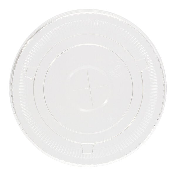 A clear, round plant-based PLA plastic flat lid designed for 98 mm cold cups.
