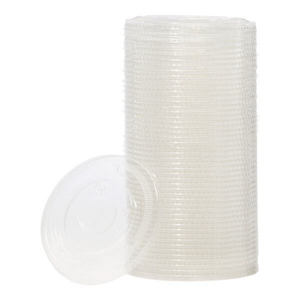 A stack of clear, flat plastic lids designed for 98 mm cold cups.