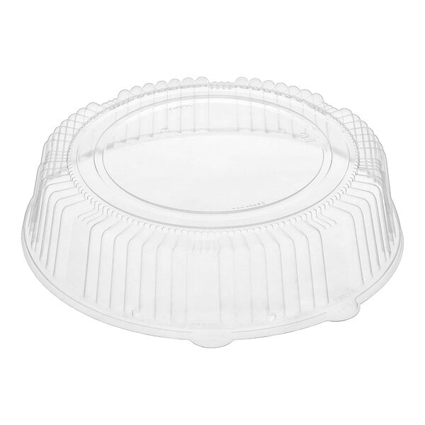 A clear plastic round dome lid designed for a 14-inch container.