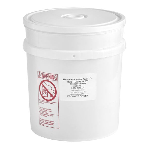 A large white plastic pail containing 28 pounds of Willamette Valley raspberry fruit puree.