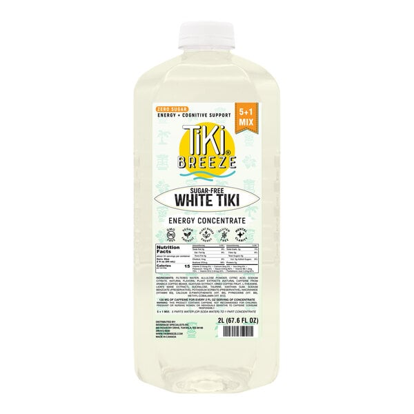 A 2-liter bottle of Tiki Breeze Sugar-Free White Tiki Energy Concentrate.