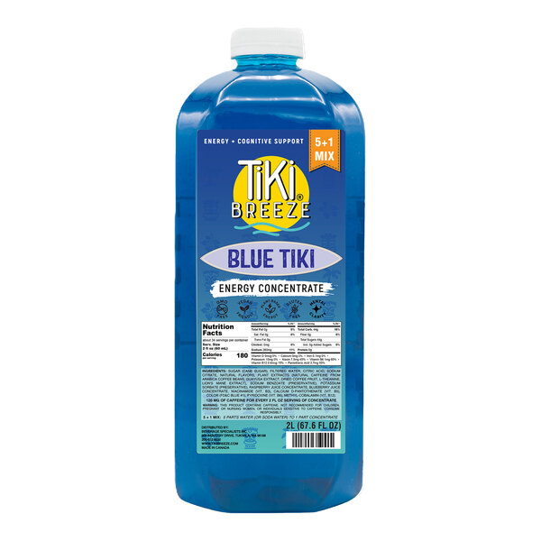 A 2-liter bottle of Tiki Breeze Blue Tiki Energy Concentrate.