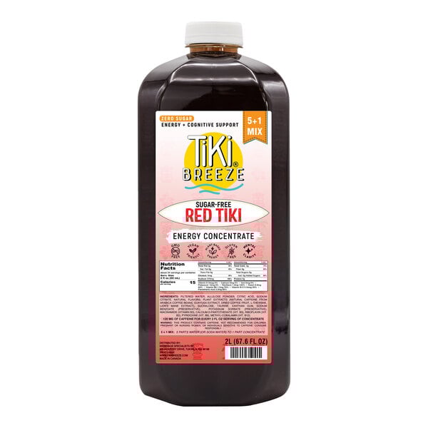 A 2-liter bottle of Tiki Breeze Sugar-Free Red Tiki Energy Concentrate.