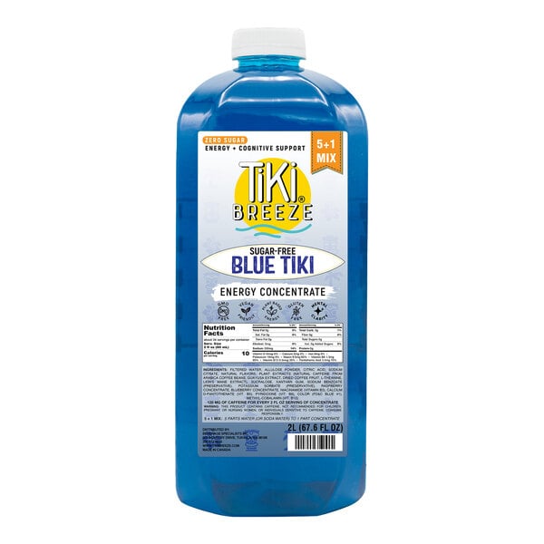 A 2-liter bottle of Tiki Breeze Sugar-Free Blue Tiki Energy Concentrate.