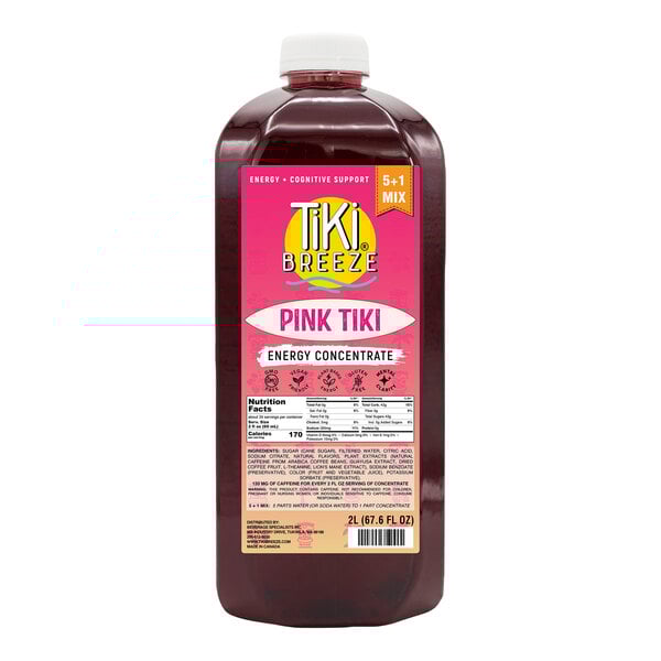 A 2-liter bottle of Tiki Breeze Pink Tiki Energy Concentrate with a 5:1 mix ratio.