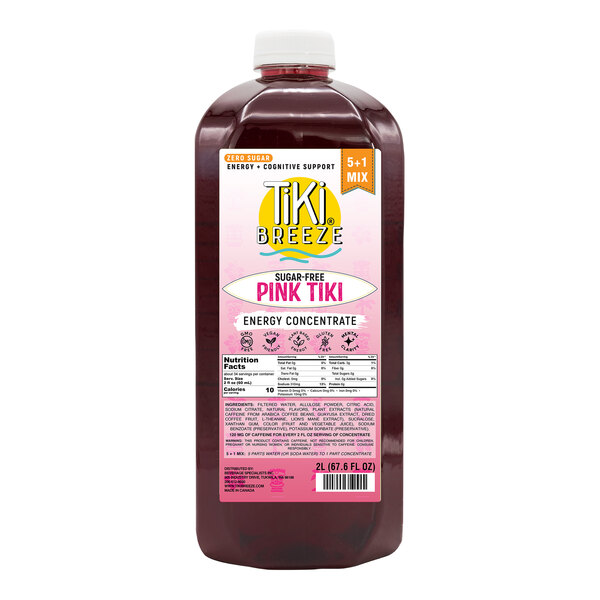 A 2-liter bottle of Tiki Breeze Sugar-Free Pink Tiki Energy Concentrate.