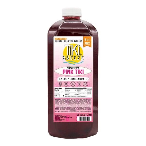 A large, clear plastic bottle with a white cap containing a dark red liquid and a label that reads 'Tiki Breeze Sugar-Free Pink Tiki Energy Concentrate.'