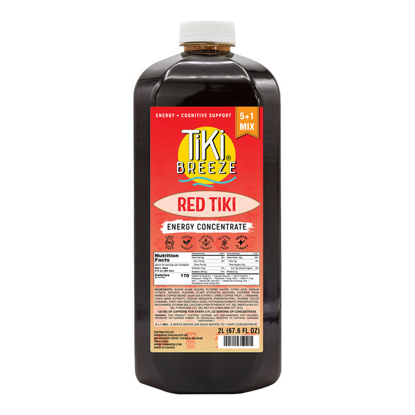 A 2-liter bottle of Tiki Breeze Red Tiki Energy Concentrate.