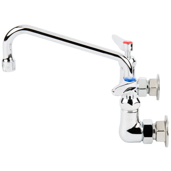 A silver T&S wall mount faucet with red and blue buttons.