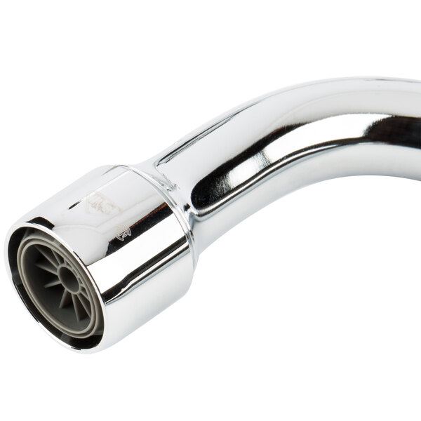 A T&S chrome wall mount faucet with a swing nozzle.