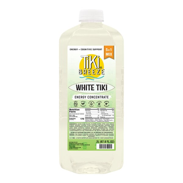 A 2-liter bottle of Tiki Breeze White Tiki Energy Concentrate, labeled for a 5:1 mix ratio.